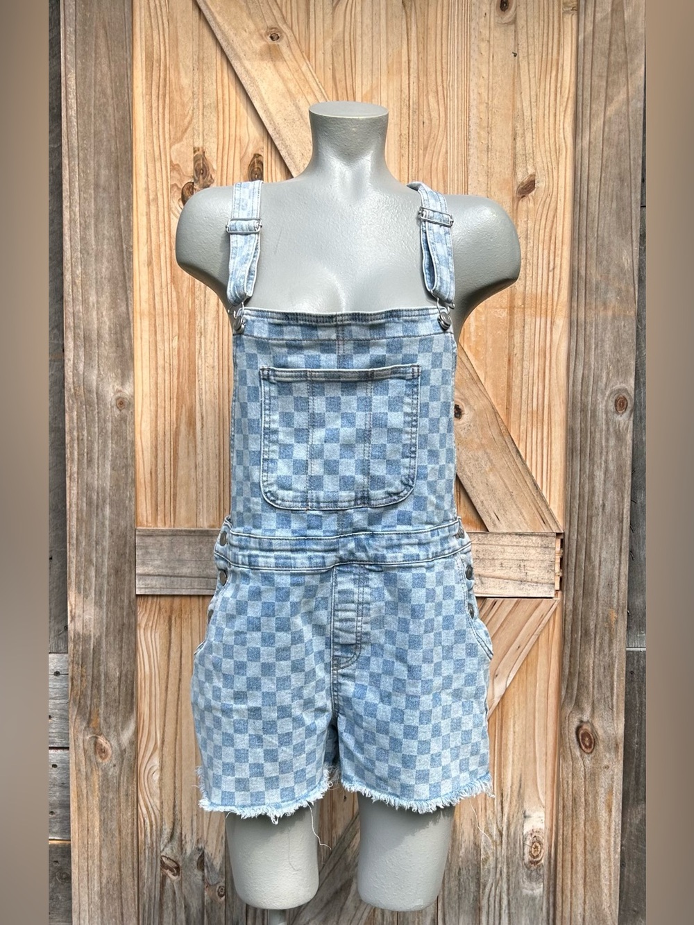 Vintage 90s No Boundaries Blue Stretch Checkered Denim Bib Overalls Shortalls~L